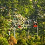 Aerial view of Metrocable transportation system in Antioquia, Colombia, showcasing cable cars against a backdrop of lush green hills and cityscape.